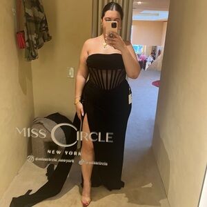 Miss Circle Black Strapless Mesh-Panel Evening Gown